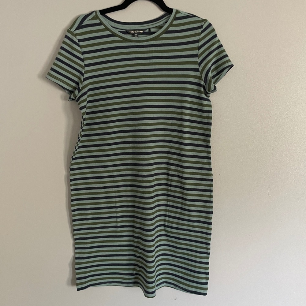 Toad&Co T-Shirt Dress Womens Medium Green Striped Hemp Blend Pockets Gorpcore